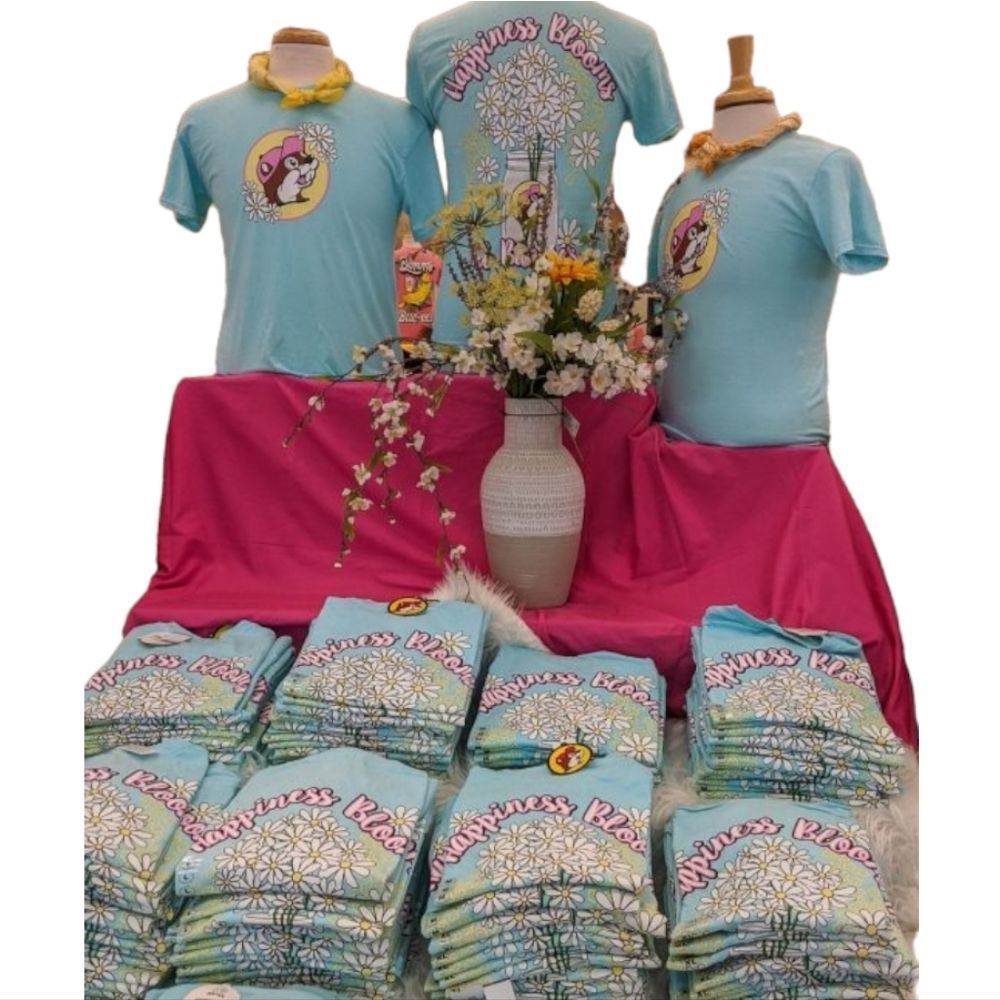 BUC-EE'S BUCKEES BEAVER Aqua Blue Flowers Blooms‎ T SHIRT Front Back Graphic M